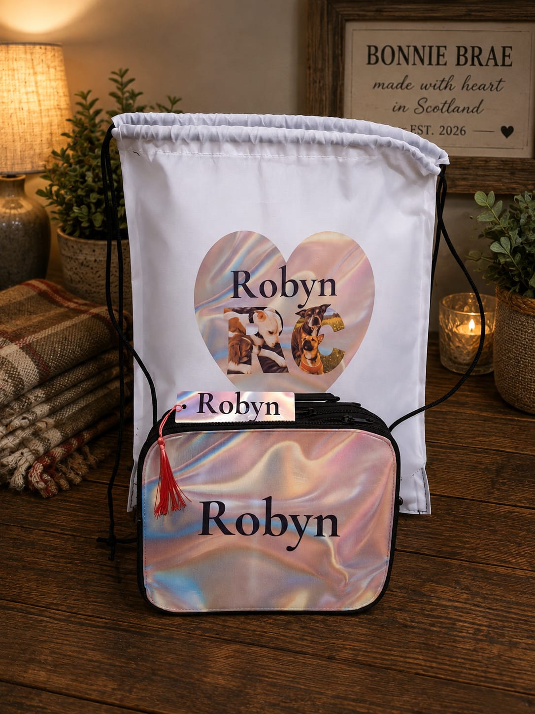 Personalised school bundle with name Robyn on drawstring bag and makeup bag
