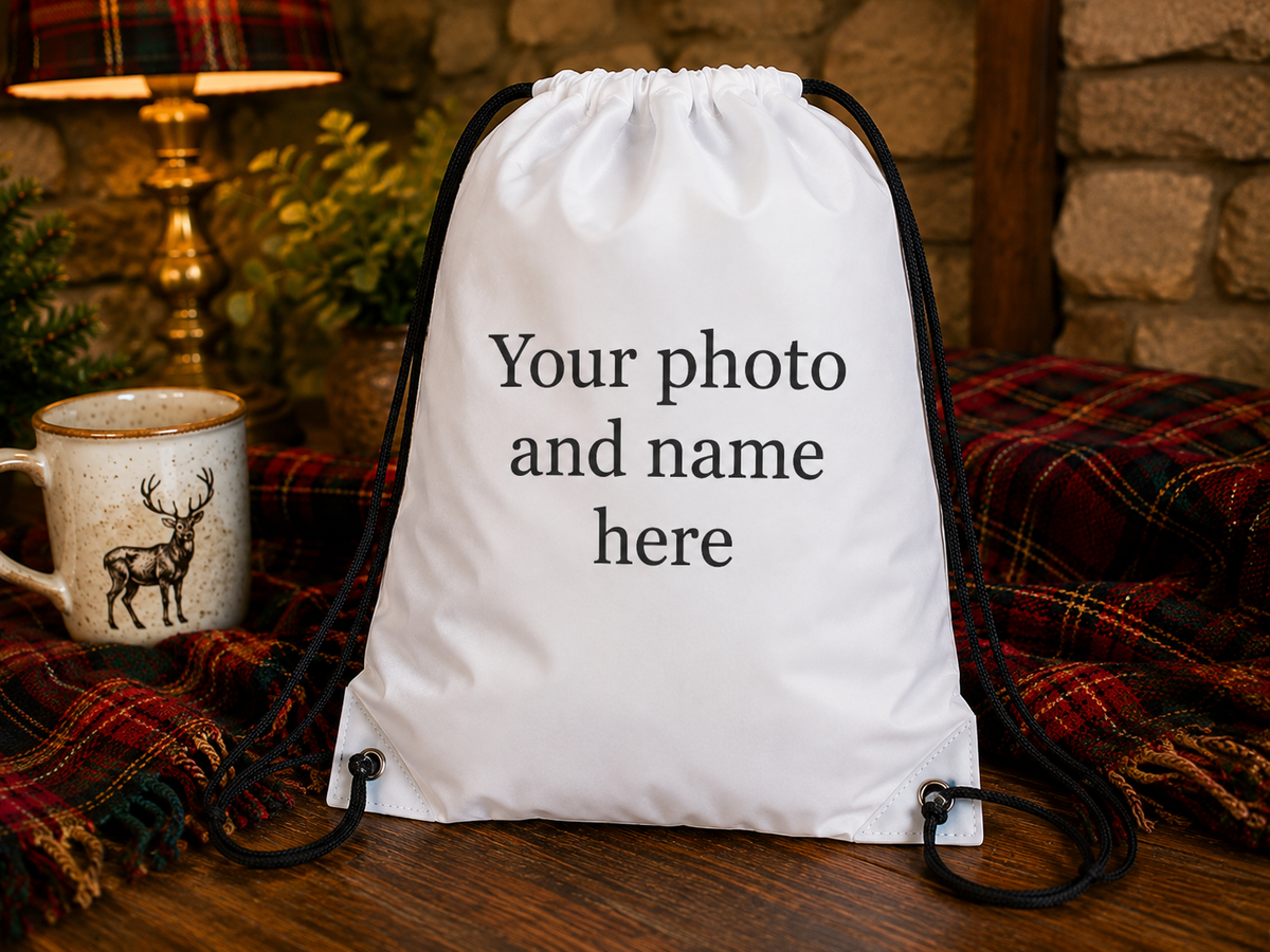 Personalised drawstring bag with heart design, name Robyn and pet photos