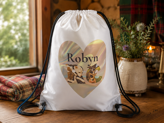 White personalised PE drawstring bag showing your photo and name here