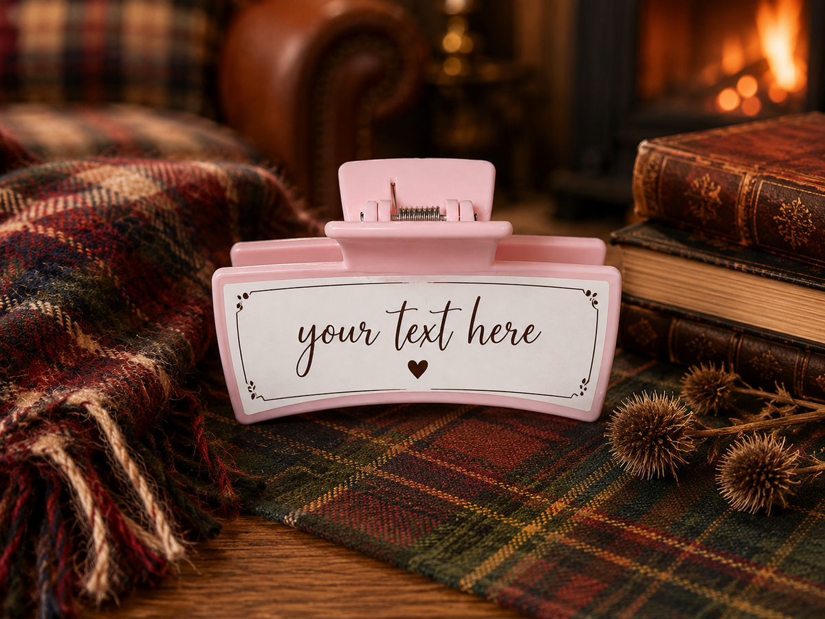 Two personalised claw hair clips on tartan background