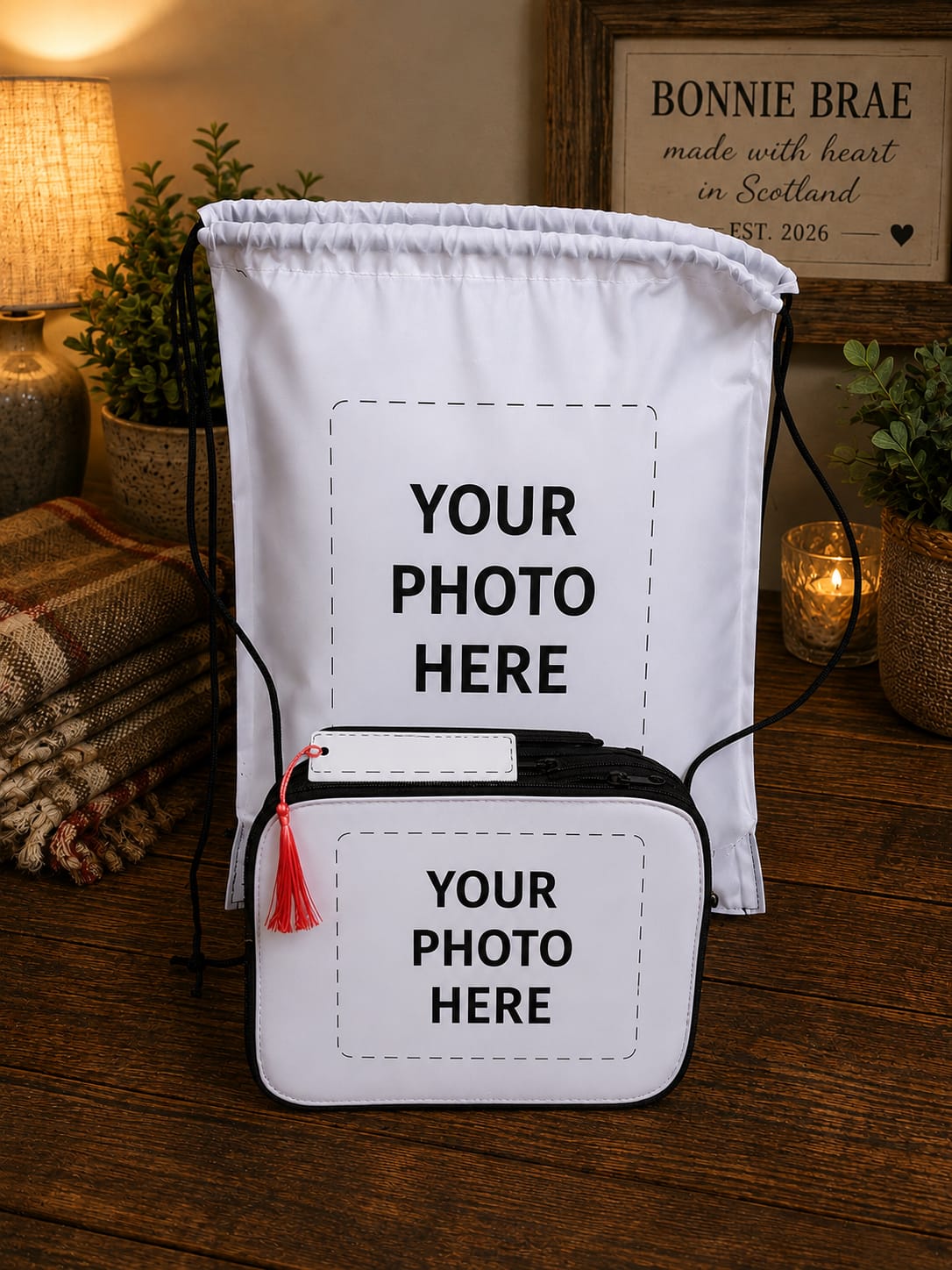 Personalised school bundle showing drawstring PE bag and makeup bag with your photo here